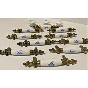 10 Vintage Brass & Porcelain Drawer Pulls + 3 Knobs – Blue Floral, 3” C to C